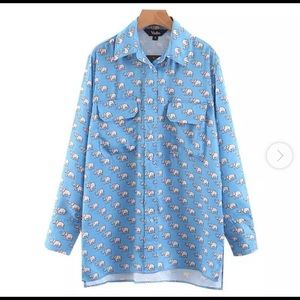 Zara Elephant Button Up Blouse Blue